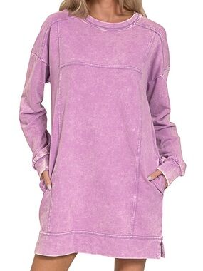 French Terry Acid Washed Dress with Pockets in B Violet